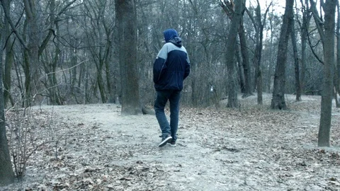 A man in a blue winter jacket walks along a path through an autumn leafless fore Stock Footage 124021905
