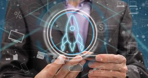 Man on blurred background using startup digital neon interface 3D rendering Stock Photos