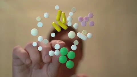 A man on a blurry background takes one pill on a table and drinks it bottom view Stock Footage 130189925