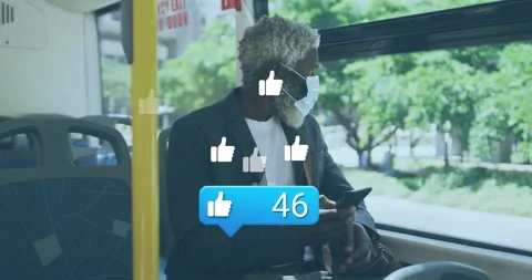 Man boarding bus tapping phone activating thumbsup animation rising gathering Stock Footage 310153937