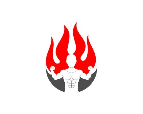 Man bodybuilder in the fire flame logo Stock Illustration