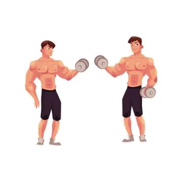 Man bodybuilder, two variants of bicep workout, dumbbell arm training Stock Illustration