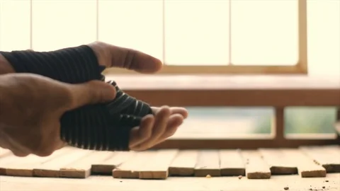 Man Bodybuilder wait exercises with barbell weights power handsome athletic exer Stock Footage 102994810