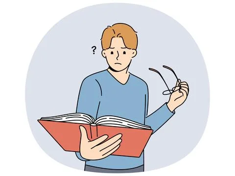 Man with book takes off glasses, getting upset because of deterioration of Stock Illustration