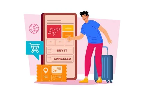 A man books tickets in advance to avoid long queues Illustrazione stock