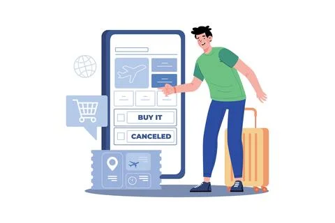 A man books tickets in advance to avoid long queues Illustrazione stock