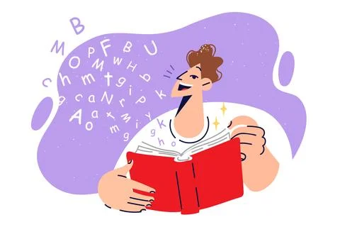 Man bookworm holds book while being carried away by reading fiction and stands Stock Illustration