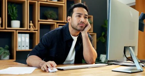 Man, bored and computer in agency with reading, slow internet connection an.. Stock Photos