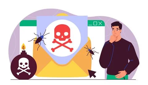 Man with botnet attack. Young guy near envelope with insects. Privacy and Stock Illustration