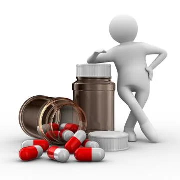Man with bottle for tablets. Isolated 3D image Stock Illustration