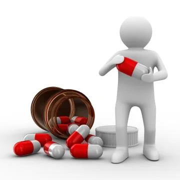 Man with bottle for tablets. Isolated 3D image Illustrazione stock