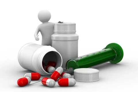 Man with bottle for tablets. Isolated 3D image 库存插图