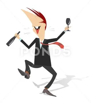 Man with bottle of wine and footed tumbler illustartion Stock Illustration