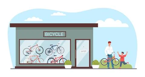 Man bought his son bicycle in shop. Family relationships and parenthood. Buying Stock Illustration