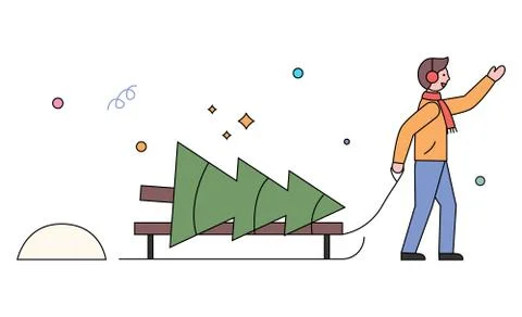 Man Bought Pine Tree on Christmas Holidays Vector Illustrazione stock