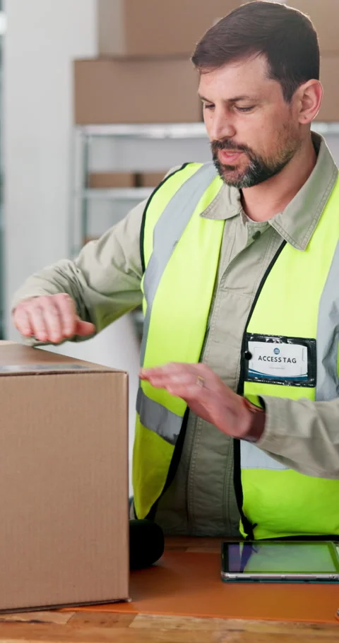 Man, box and scanner with tablet in logistics for small business distribution or Stock Footage 343375608