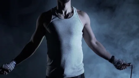 Man boxer skipping on rope. bottom-up view Stock Footage 80862237