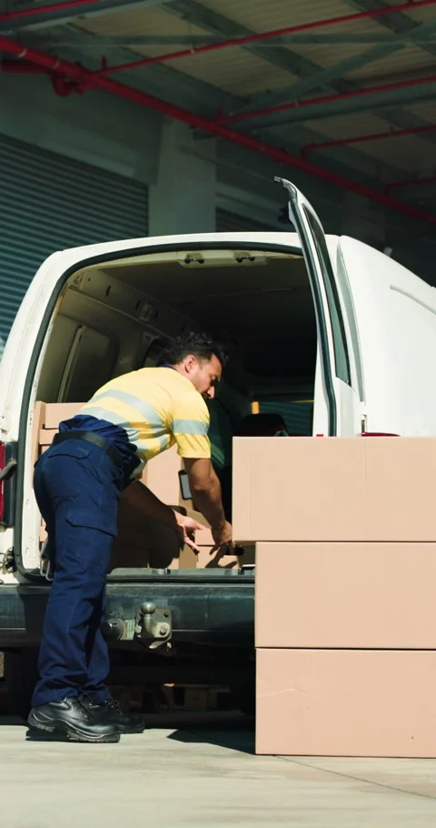 Man, boxes and packing with van for logistics, delivery or supply chain at Stock Footage 333332058