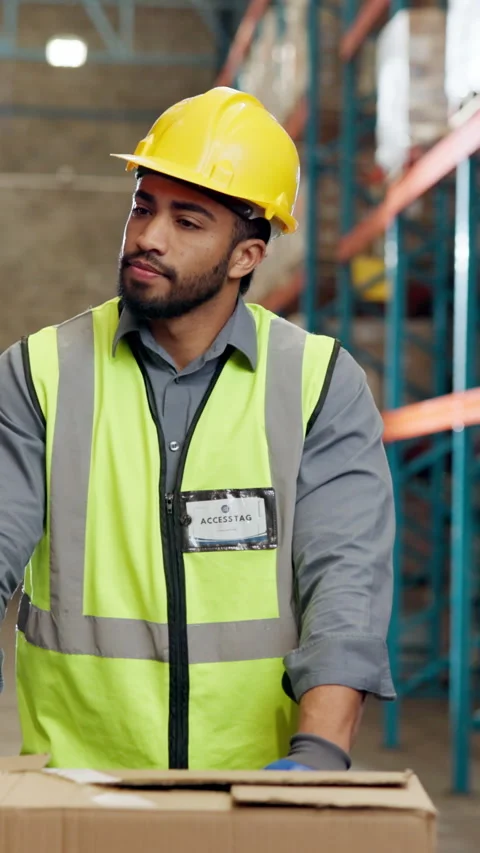 Man, boxes and trolley at warehouse for logistics, inspection and supply chain Stock Footage 340637771