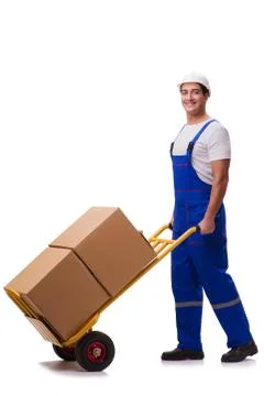 Man with boxes isolated on white Stock Photos