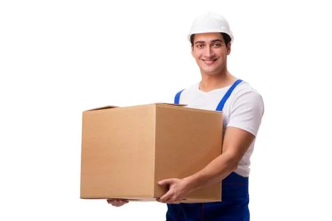 Man with boxes isolated on white Foto stock