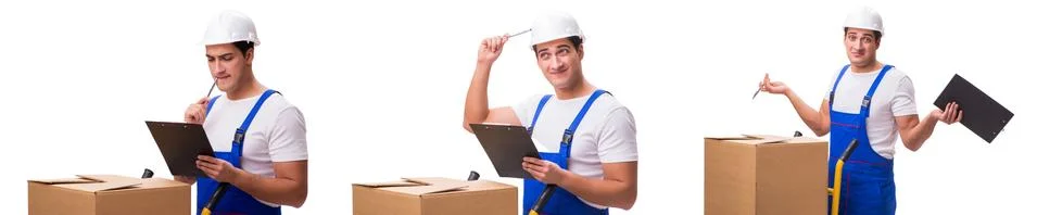 Man with boxes isolated on white Stock Photos