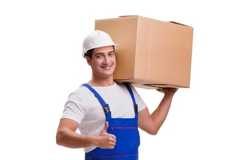 Man with boxes isolated on white Stock Photos