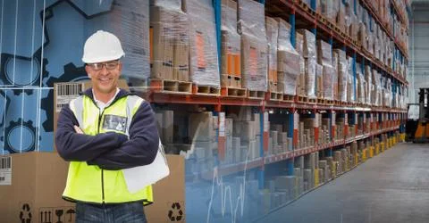 Man with boxes in warehouse, transition Stock Photos