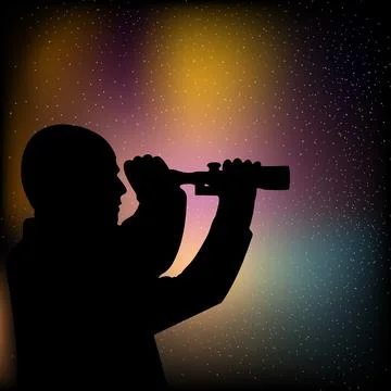 Man boy looking at scope silhouette, stars observers. Stock Vector illustrati Stock Illustration