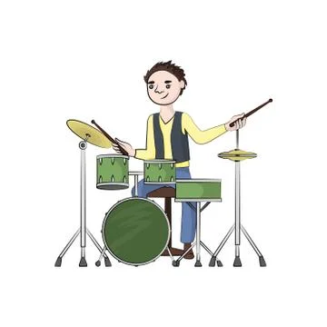 A man (boy) plays the drum set. Vector color illustration. Stock Illustration