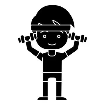 Man boy workout with weights hands up icon, vector illustration, black sign on Stock Illustration