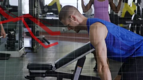 Man bracing on incline bench and rowing dumbbells for fitness, red zigzag Stock Footage 332956063