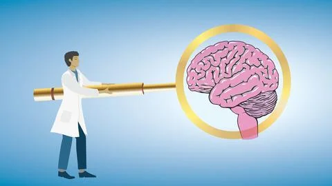 Man with brain in magnifying glass. Vector illustration. Illustrazione stock
