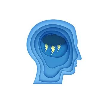 Man brain silhouette head with cloud and lightning in paper cut style. . Wotld Stock Illustration