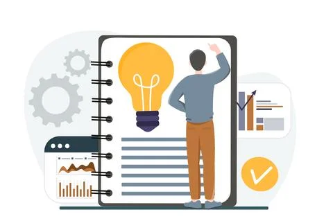 Man brainstorming with big notebook idea.. Vector illustration 스톡 일러스트
