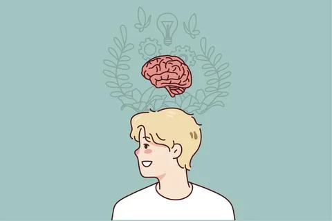 Man brainstorming generating innovative idea. Motivated inspired guy involved in Stock Illustration