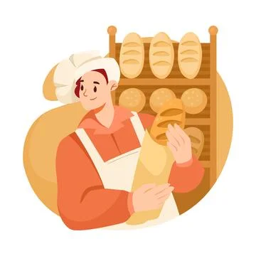 Man Bread Baker in Uniform and Toque Baking Pastry Hold Loaf in Pack Vector Stock Illustration