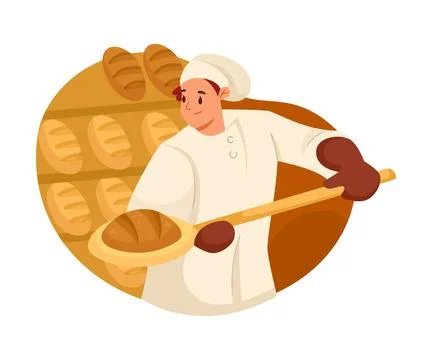 Man Bread Baker in Uniform and Toque Baking Pastry Put Loaf in Hot Oven Vector Stock Illustration