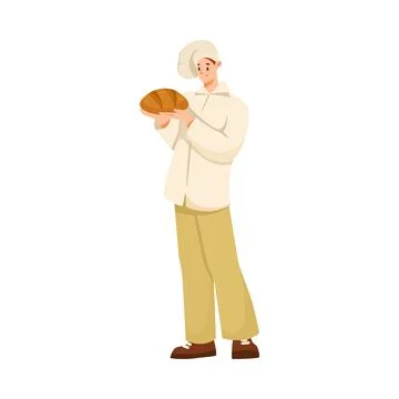 Man Bread Baker in Uniform and Toque Holding Loaf Vector Illustration Stock Illustration