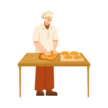 Man Bread Baker in Uniform and Toque Kneading Dough Baking Pastry Vector Stock Illustration