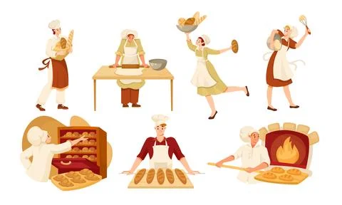 Man Bread Bakers in Uniform and Toque Baking Pastry Vector Set Stock Illustration