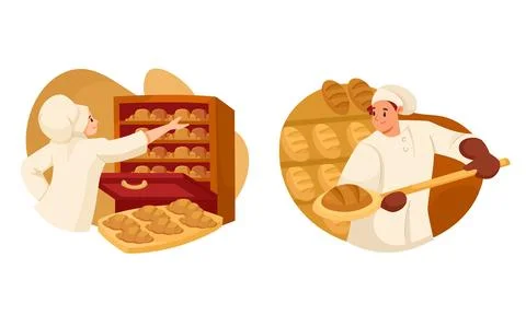 Man Bread Bakers in Uniform and Toque Baking Pastry Vector Set Stock Illustration