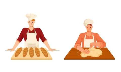 Man Bread Bakers in Uniform and Toque Baking Pastry Vector Set Stock Illustration