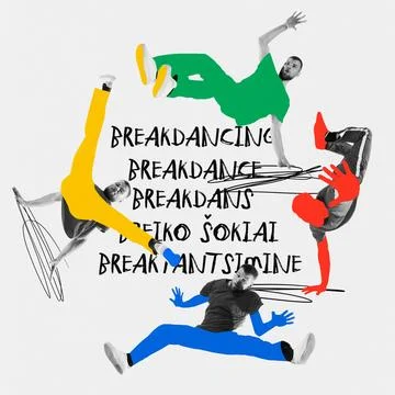 Man, breakdancer dancing over white background with text and colorful elements Fotos Stock