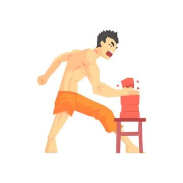 Man Breaking Bricks With Hand Judo Martial Arts Fighter, Fighting Sports Stock Illustration