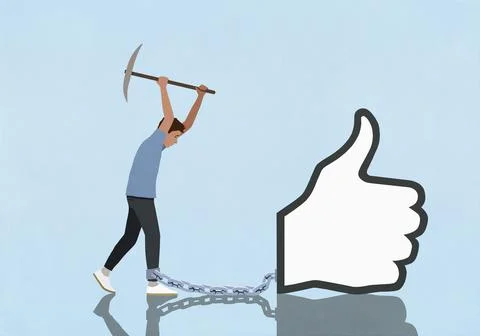 Man breaking chain connecting his ankle to large social media like symbol Stock Illustration