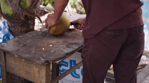 Man Breaking Fresh Coconut First Time Stock Footage 287170597