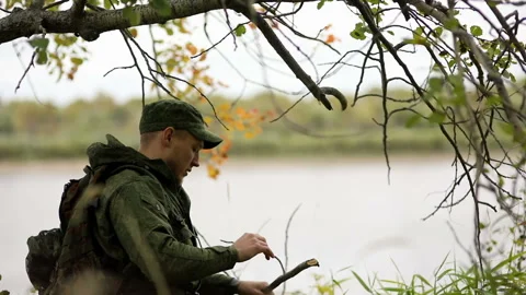 Man breaks off a branches from a tree Video stock 93542625