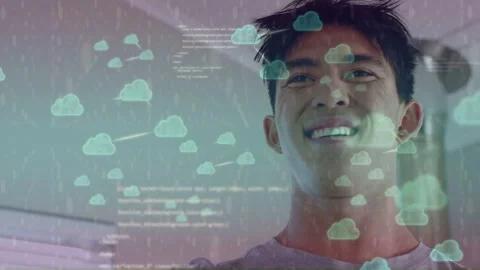 Man breathing in, lifting dumbbell to camera, causing cloud, code and rain Stock Footage 333893905