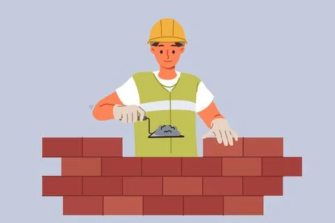 Man bricklayer builder builds brick wall using trowel with concrete mixture to Stock Illustration